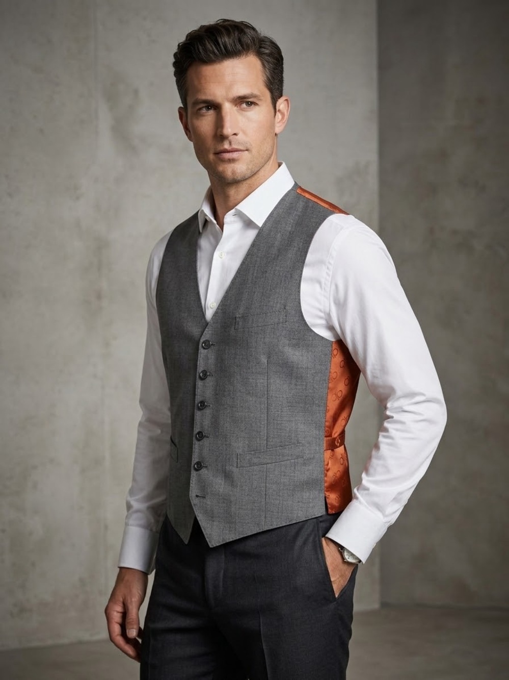 Bianco Brioni Suit Vest Waistcoat Charcoal Gray Orange Back Men 40R 50R Formal